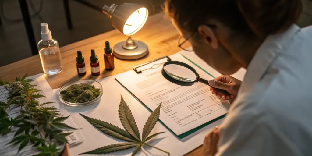 Researcher examining cannabis testing report with magnifying glass in laboratory.
