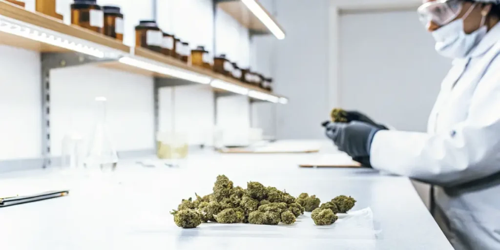 Scientist examining cannabis buds in a modern laboratory quality control environment.