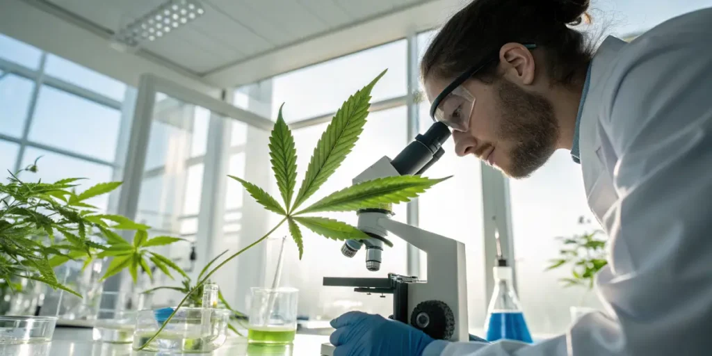 Researcher analyzing cannabis leaf with microscope in scientific lab.