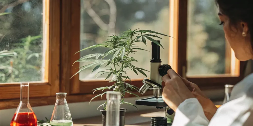 Researcher adjusting a microscope while analyzing a cannabis plant near a sunlit window.