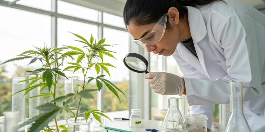Laboratory researcher analyzing cannabis plants with magnifying glass and scientific equipment.