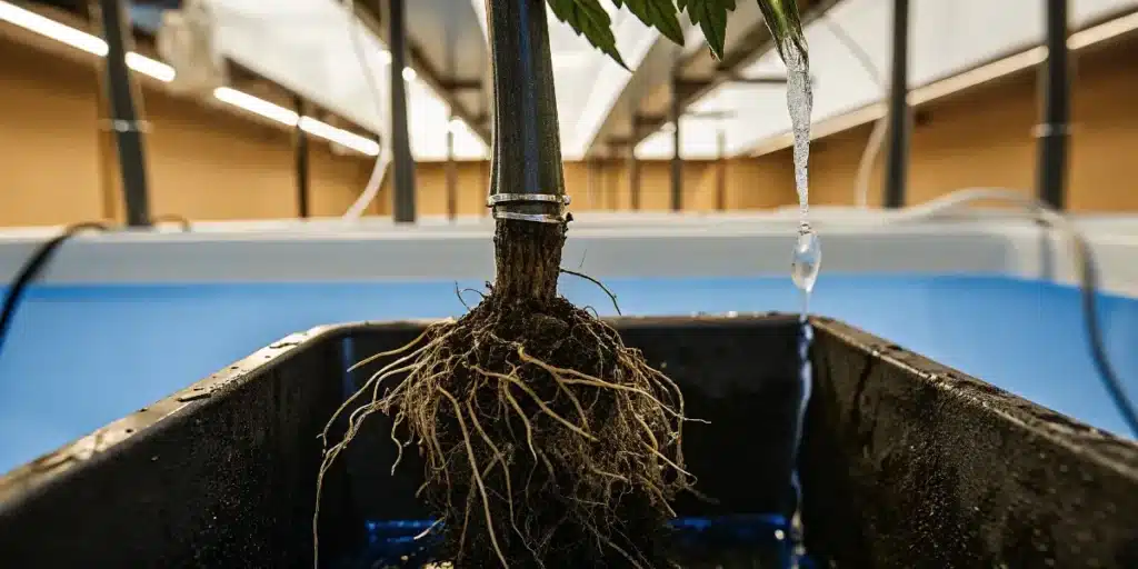 Close-up of cannabis plant root system inside hydroponic cultivation setup.