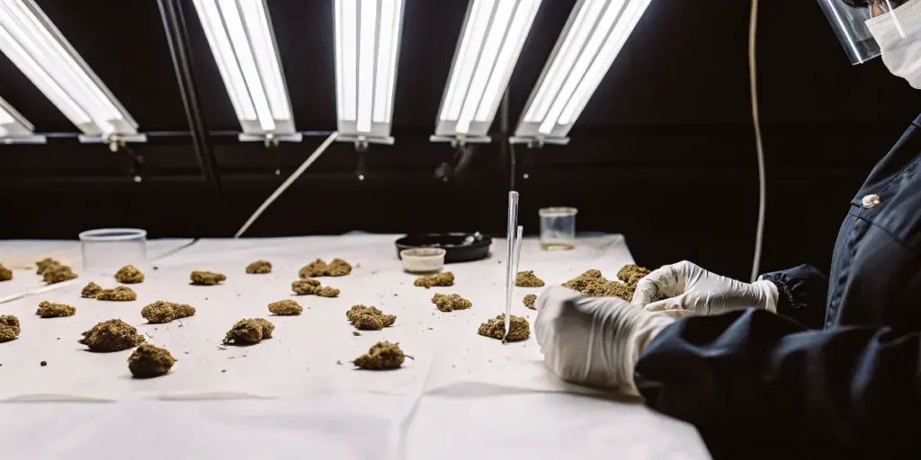 Laboratory technician analyzing multiple cannabis samples under bright testing lights in a research facility.