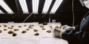 Laboratory technician analyzing multiple cannabis samples under bright testing lights in a research facility.
