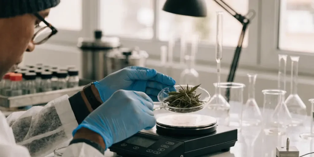 Scientist placing cannabis sample on digital scale in lab with glass flasks and equipment.