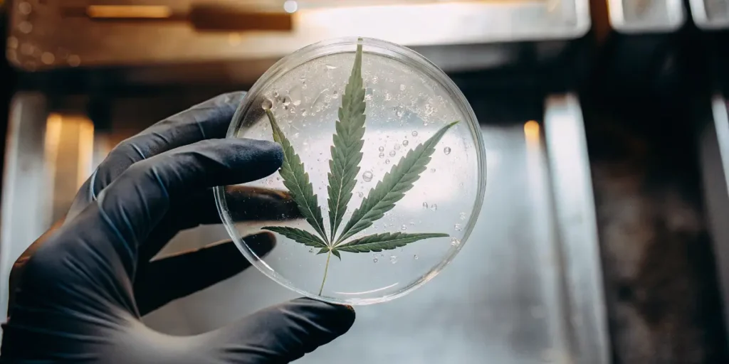 Cannabis leaf sample displayed in petri dish during scientific laboratory testing.