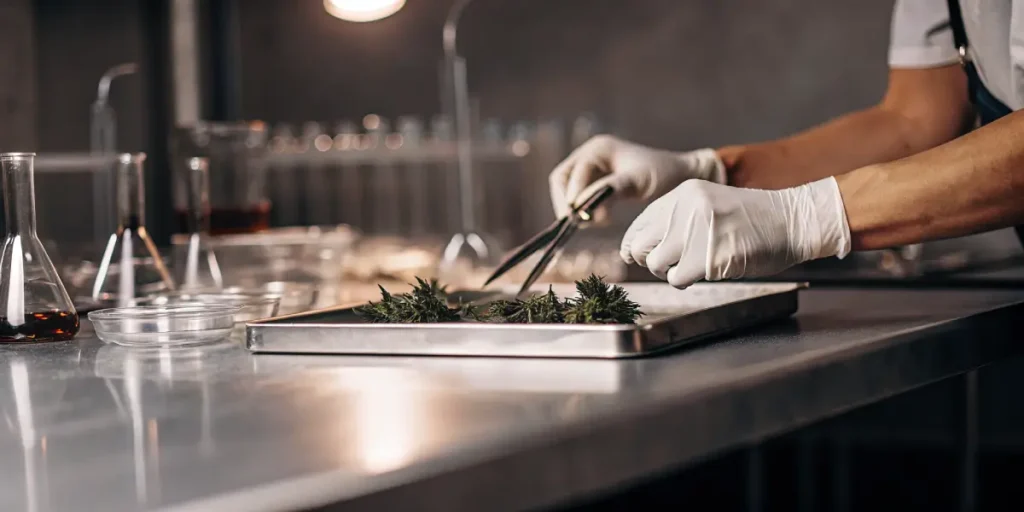 Scientist preparing cannabis samples with tweezers on a lab tray for analysis.