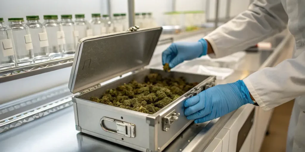 Gloved scientist inspecting cannabis samples in metal laboratory storage box.