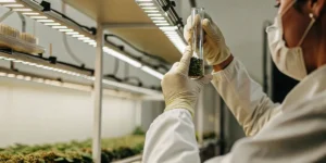 Laboratory technician examining cannabis sample inside test tube under grow lights.