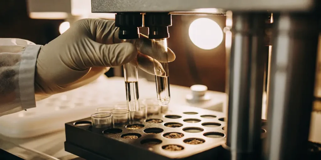 Gloved scientist handling cannabis sample test tubes in laboratory machine.