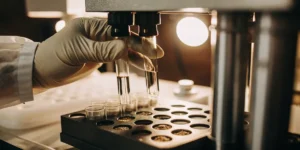Gloved scientist handling cannabis sample test tubes in laboratory machine.