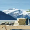 Cannabis seedling in rockwool cubes on a table with mountain landscape in background.