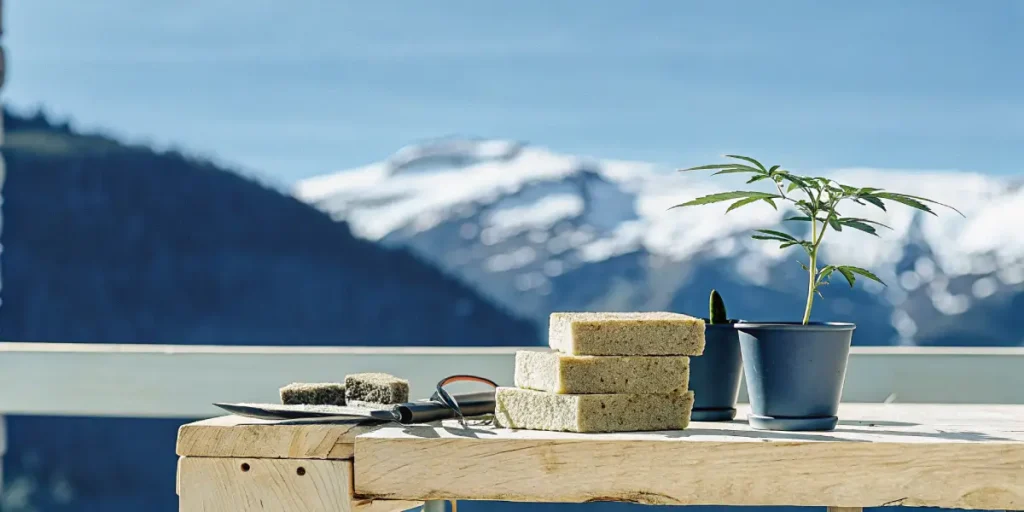 Cannabis seedling in rockwool cubes on a table with mountain landscape in background.