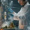 Scientist analyzing cannabis buds and terpene compounds inside a high-tech marijuana laboratory.