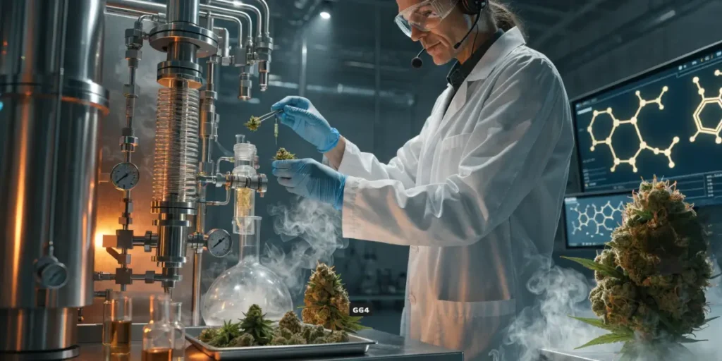 Scientist analyzing cannabis buds and terpene compounds inside a high-tech marijuana laboratory.