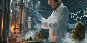 Scientist analyzing cannabis buds and terpene compounds inside a high-tech marijuana laboratory.