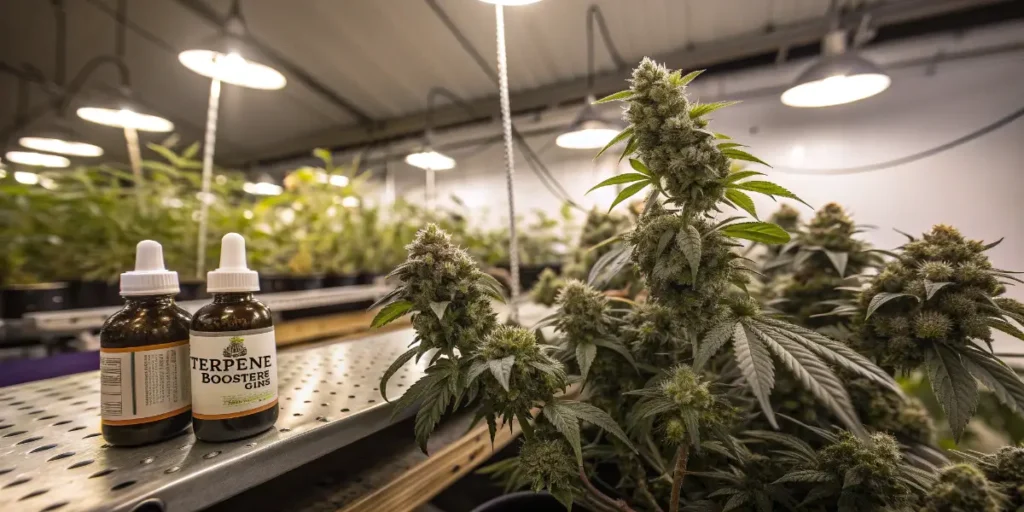 Cannabis plants flowering indoors next to terpene enhancer bottles in a cultivation room.