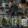 Scientists analyzing cannabis terpene compounds in a modern laboratory with buds and scientific equipment.