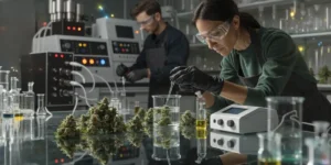 Scientists analyzing cannabis terpene compounds in a modern laboratory with buds and scientific equipment.