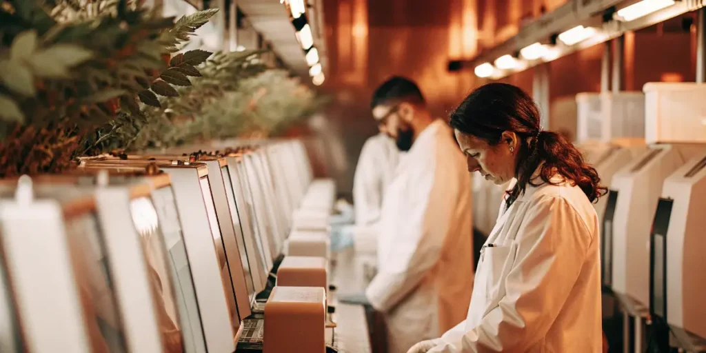 Scientists operating cannabis testing equipment in modern laboratory environment.