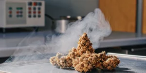 Cannabis buds releasing visible vapor during VOC and terpene analysis in a laboratory environment.