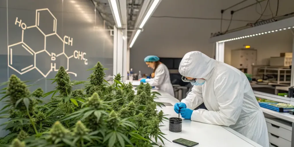 Laboratory technicians studying cannabis plants and terpene compounds in a professional research facility.