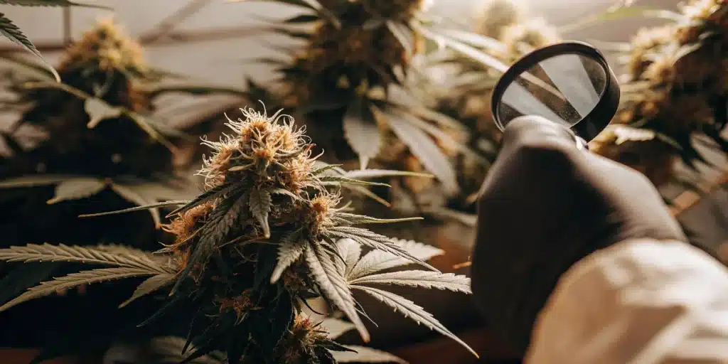 Grower inspecting cannabis buds with a magnifying glass to check trichome maturity.