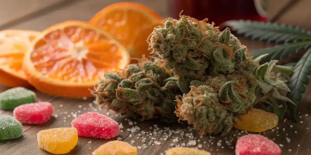 Close-up of citrus cannabis buds surrounded by orange slices and colorful candy gummies.
