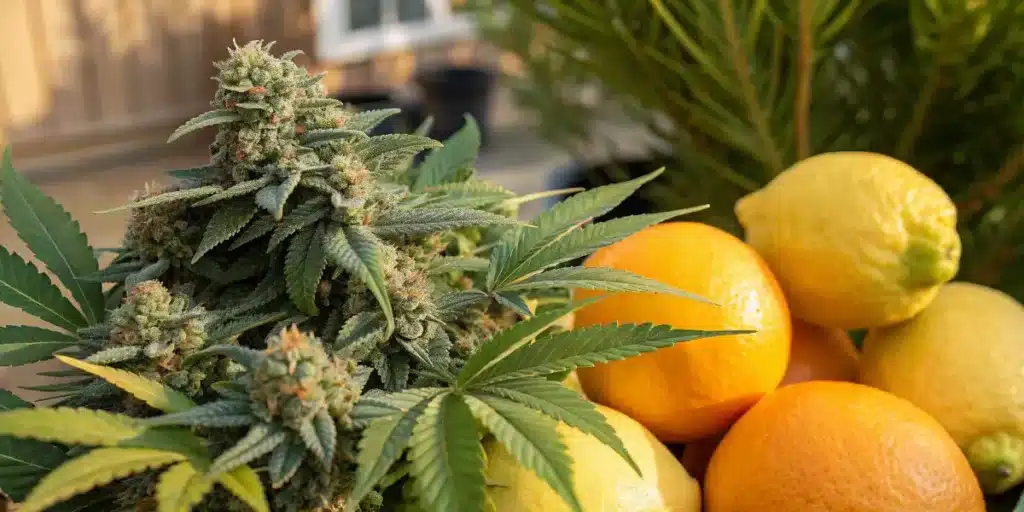 Resinous cannabis plant displayed beside fresh lemons and oranges in natural sunlight.