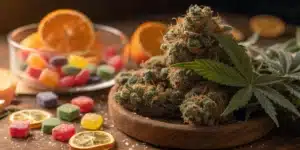 Premium cannabis buds displayed with citrus slices and colorful gummy candies on a wooden table.