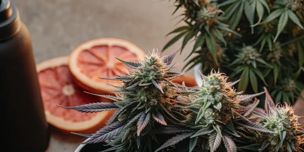 Fruity cannabis flowers beside sliced grapefruit and fresh cannabis plants in the background.