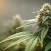 Macro close-up of a flowering cannabis bud with visible trichomes and green leaves under warm sunlight.