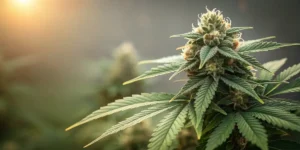 Macro close-up of a flowering cannabis bud with visible trichomes and green leaves under warm sunlight.
