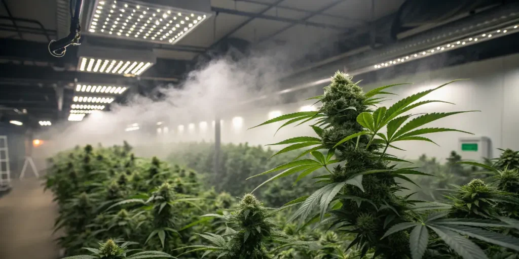Commercial cannabis cultivation room with LED lighting and humidity control systems supporting healthy flowering plants.