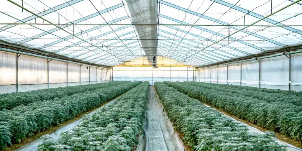 Commercial cannabis greenhouse with rows of mature plants under natural sunlight.