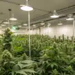 Large commercial indoor cannabis grow facility with ventilation fans, LED lighting, and flowering marijuana plants.