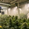 Workers monitoring indoor cannabis plants in a commercial grow facility with air quality control and protective equipment.