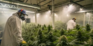 Workers monitoring indoor cannabis plants in a commercial grow facility with air quality control and protective equipment.