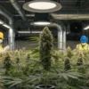 Commercial cannabis grow room with advanced air circulation and ventilation systems monitored by facility workers.