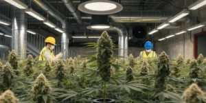 Commercial cannabis grow room with advanced air circulation and ventilation systems monitored by facility workers.
