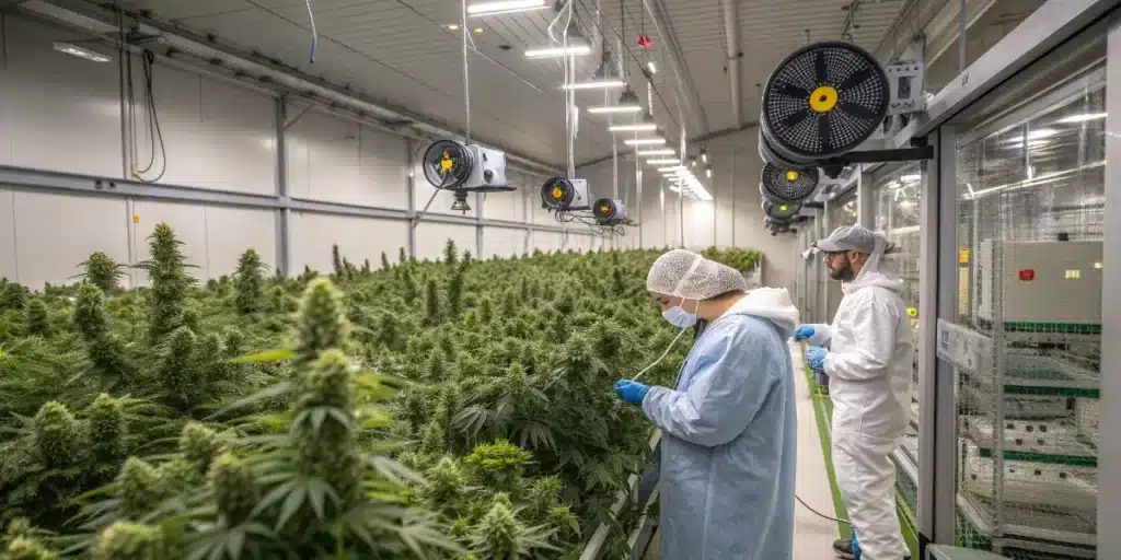 Commercial cannabis grow room with workers inspecting plants under advanced airflow and climate control systems.