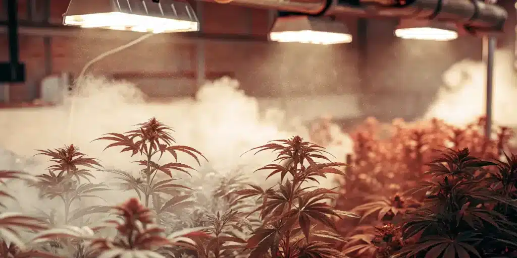 Commercial cannabis cultivation room with dense marijuana plants, overhead grow lights, and humidity control mist.
