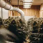 Commercial indoor cannabis grow room with large ventilation ducts and flowering marijuana plants under LED lighting.