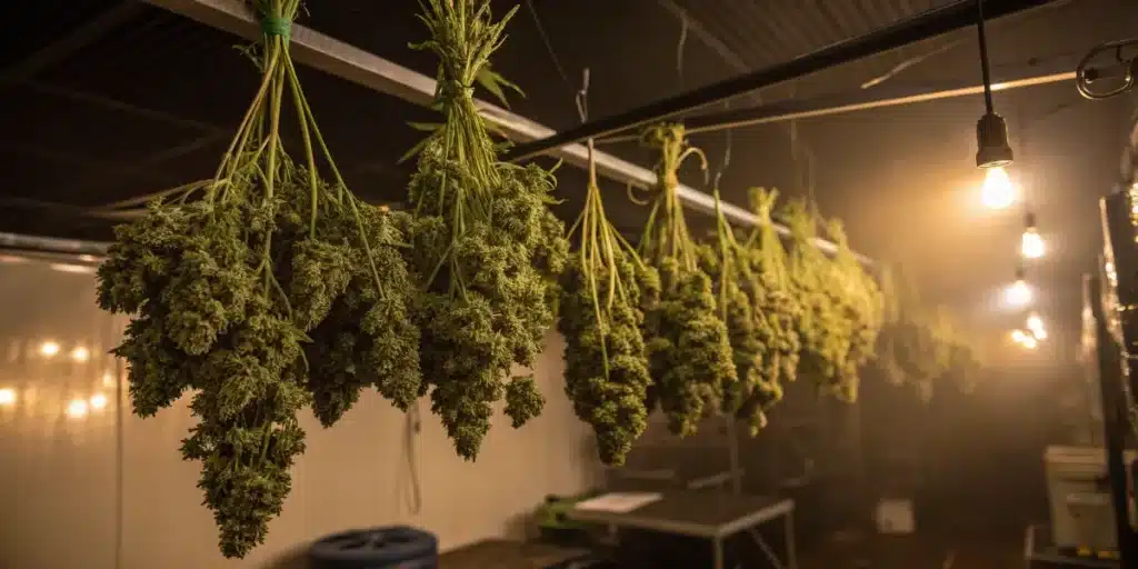 Large cannabis branches hanging during the drying process inside a commercial marijuana curing room.