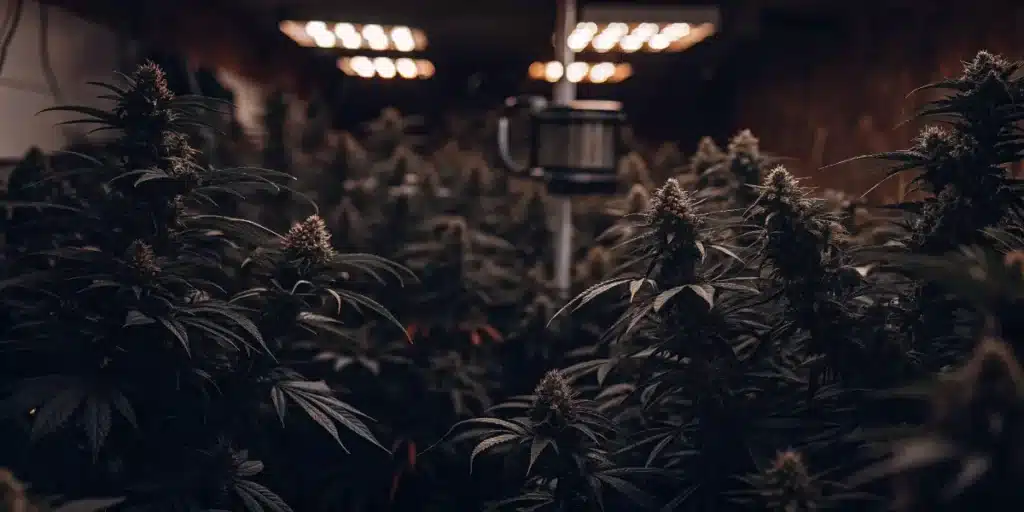 Indoor cannabis grow room with mature flowering plants under dim LED grow lights.