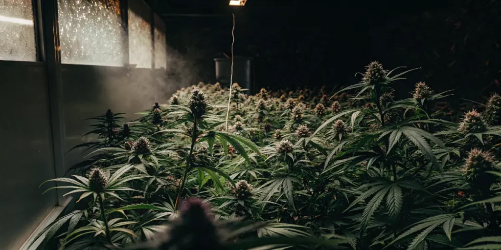 OG Glue cannabis plant with red and purple tinged buds and frosty leaves under warm lighting.