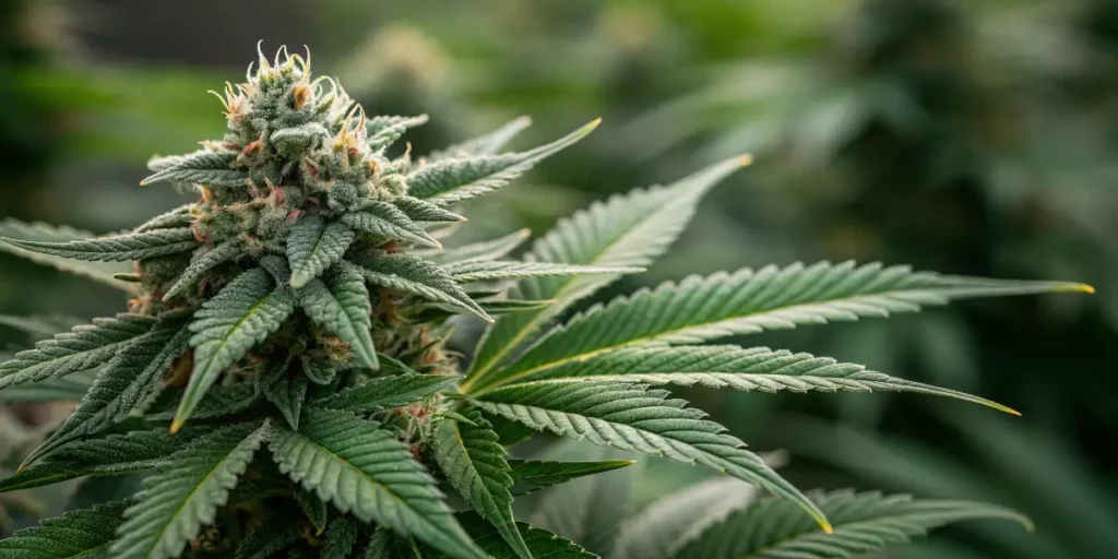 Hyper-realistic close-up of a frosty diesel cannabis bud with vibrant green leaves in bloom.