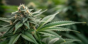 Hyper-realistic close-up of a frosty diesel cannabis bud with vibrant green leaves in bloom.