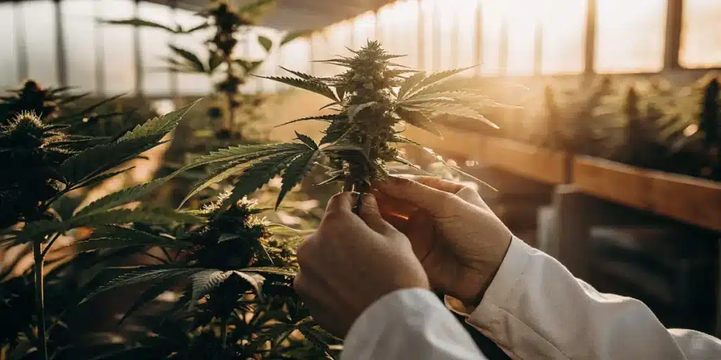 Hands examining mature cannabis buds during greenhouse cultivation research.