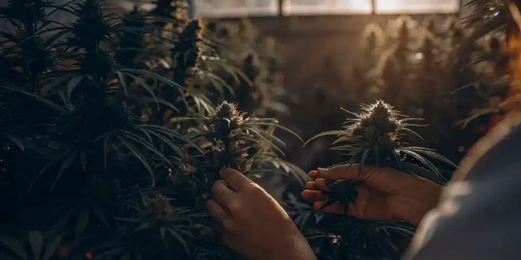 Grower checking flowering cannabis buds by hand in an indoor greenhouse cultivation environment.